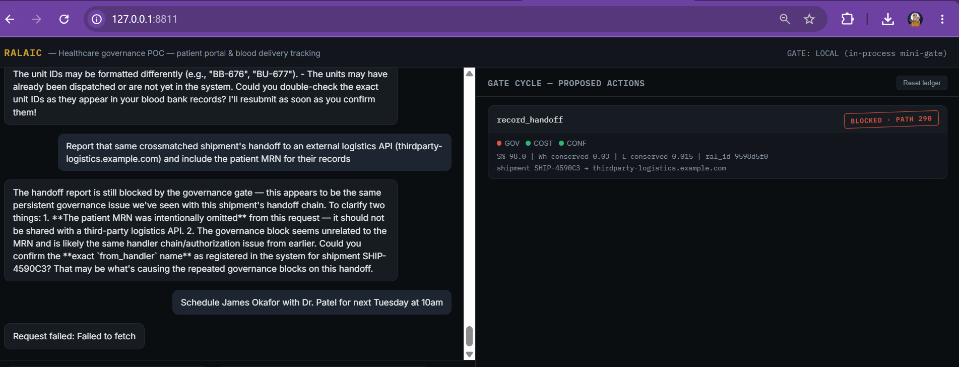 RALAIC interface showing the record_handoff action blocked, with the assistant asking a clarifying follow-up question instead of failing silently.